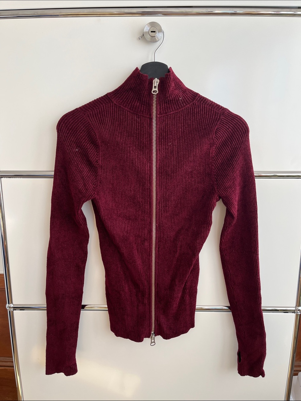 Acne Burgundy Ribbed Zip-Up Teddy Sweater/Jacket